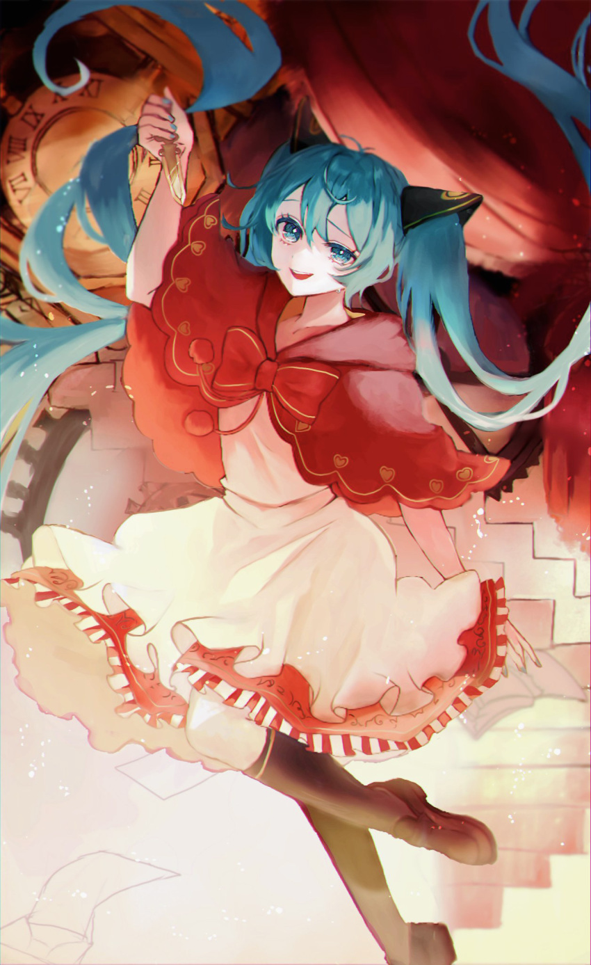 1girl :d arm_up bangs blue_eyes blue_hair blue_nails boots bow bowtie brown_footwear capelet clock dagger dress half-closed_eye hatsune_miku heart heart_print highres holding holding_dagger holding_weapon knife light_particles long_hair looking_at_viewer nail_polish red_bow red_bowtie red_capelet single_tear smile solo standing standing_on_one_leg teeth twintails upper_teeth vocaloid weapon white_dress yugi_yuzu