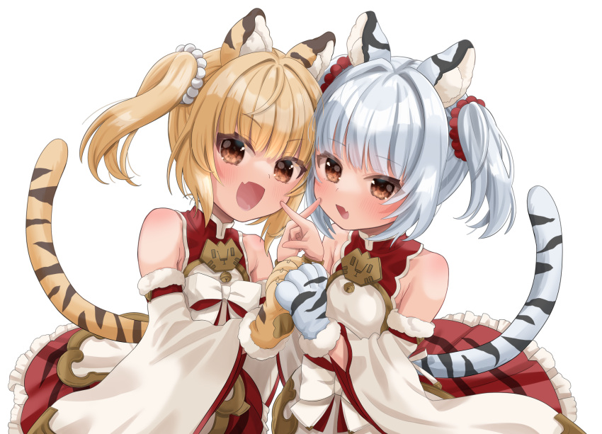 2girls 6l36 animal_ear_fluff animal_ears animal_hands armpit_crease bai_(granblue_fantasy) bangs bell blonde_hair blunt_bangs bow breasts brown_eyes detached_sleeves dress erune fang finger_to_another's_cheek gloves granblue_fantasy highres huang_(granblue_fantasy) jingle_bell mandarin_collar matching_outfit medium_hair multiple_girls open_mouth paw_gloves red_dress short_twintails siblings single_glove sisters skin_fang sleeveless sleeveless_dress small_breasts tail tiger_ears tiger_girl tiger_stripes tiger_tail twins twintails white_background white_bow white_hair