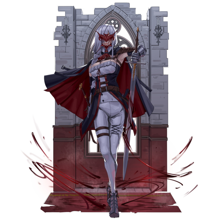 1girl absurdres ascot belt breasts cape gauntlets grey_hair hair_over_one_eye harris_hero highres holding holding_sword holding_weapon knight large_breasts metal_boots original pants red_ascot red_mask sword weapon white_pants window