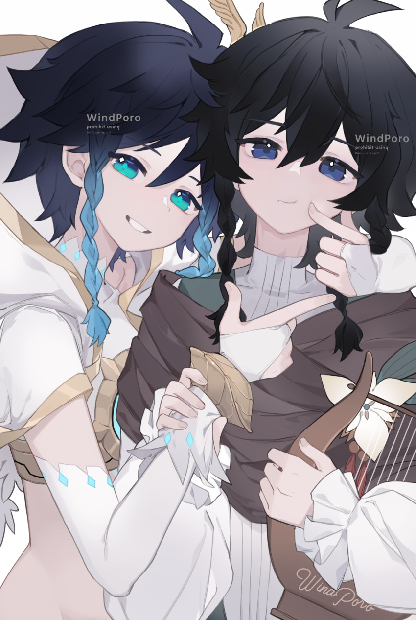2boys androgynous artist_name bangs black_hair blue_eyes blue_hair braid bridal_gauntlets capelet cheek_poking closed_mouth commentary_request crop_top elbow_gloves feathered_wings genshin_impact gloves gradient_hair green_eyes grin highres holding holding_another's_wrist holding_instrument hood hood_down hooded_capelet instrument looking_at_viewer lyre male_focus midriff multicolored_hair multiple_boys nameless_bard_(genshin_impact) open_mouth poking short_hair_with_long_locks side_braids sidelocks simple_background smile twin_braids venti_(genshin_impact) white_background white_wings windporo wings
