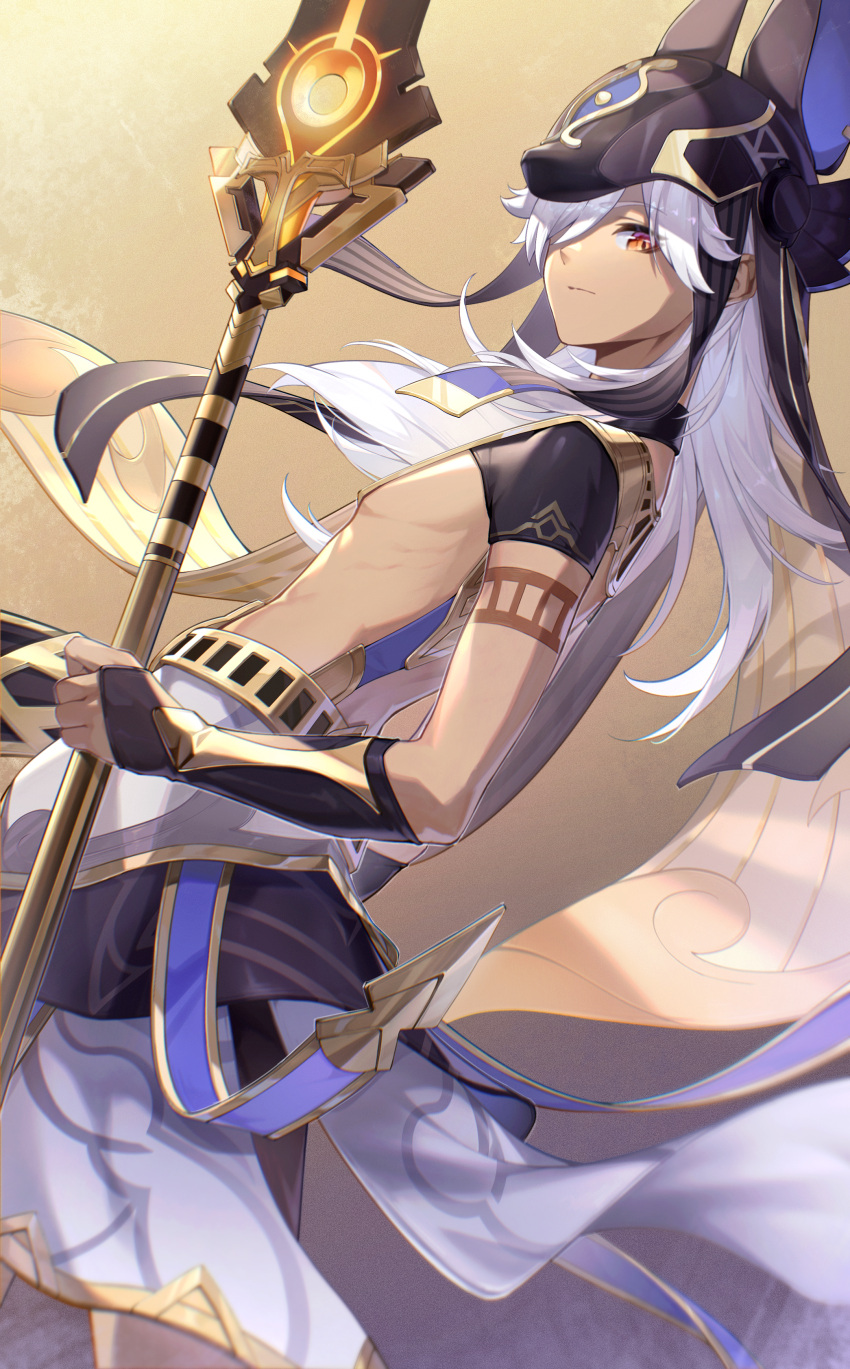 1boy absurdres armband bangs brown_background closed_mouth cyno_(genshin_impact) egyptian_clothes genshin_impact highres holding holding_staff long_hair looking_at_viewer mask orange_eyes solo staff vuvkhkgi white_hair