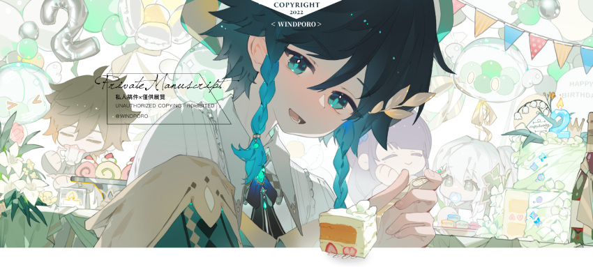 &gt;_&lt; 2022 2boys 2girls androgynous artist_name balloon bangs beret birthday_cake black_hair blue_hair bottle bow braid brooch brown_hair cake cake_slice candle closed_eyes closed_mouth collared_shirt commentary_request english_text flower-shaped_pupils food fork gem genshin_impact gradient_hair green_eyes green_headwear happy_birthday hat highres holding holding_fork jewelry looking_at_viewer male_focus mole mole_under_eye multicolored_hair multiple_boys multiple_girls nahida_(genshin_impact) open_mouth orange_hair ponytail purple_hair shirt short_hair_with_long_locks side_braids sidelocks slime_(genshin_impact) smile solo_focus swiss_roll symbol-shaped_pupils translation_request twin_braids twitter_username venti_(genshin_impact) white_hair white_shirt windporo wine_bottle zhongli_(genshin_impact)