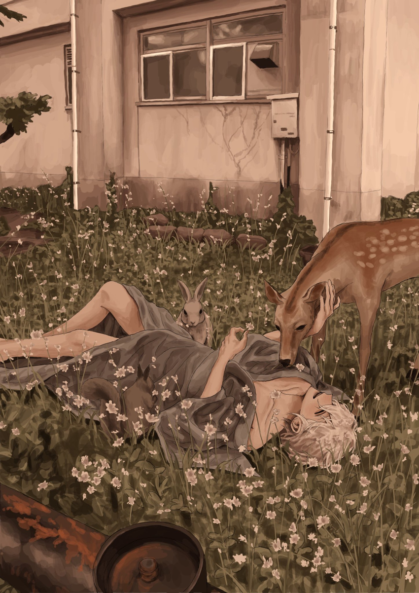 1boy a3dyqtlpqjcuqvs animal building commission deer flower full_body grass grey_robe highres industrial_pipe lying male_focus on_back open_mouth original outdoors rabbit robe short_hair skeb_commission solo white_flower white_hair