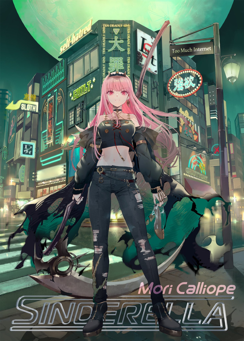1girl belt black_belt black_cape black_choker black_footwear black_pants breasts building cape character_name choker city_lights cityscape crop_top denim glass_slipper highres holding holding_scythe holding_weapon hololive hololive_english jeans large_breasts long_hair looking_at_viewer midriff moon mori_calliope navel neon_lights night night_sky official_art pants pink_hair red_eyes scythe second-party_source sign sky torn_clothes torn_jeans torn_pants virtual_youtuber weapon yukisame