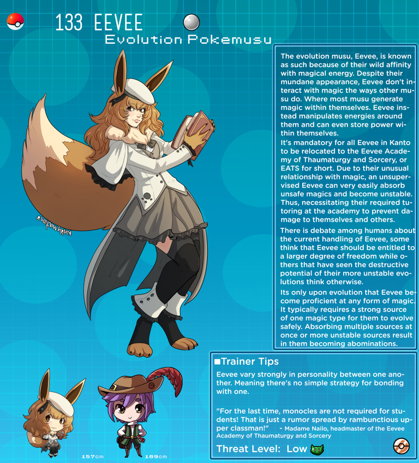 1boy 1girl animal_feet animal_hands artist_name beret black_thighhighs blue_background book brown_eyes brown_hair capelet character_name character_profile eevee english_commentary english_text grey_skirt hat hat_feather highres holding holding_book jacket kinkymation long_hair personification poke_ball poke_ball_(basic) pokemon pokemon_ears pokemon_tail purple_hair skirt spats_(footwear) tail tailcoat thigh-highs toeless_legwear vest wavy_hair white_headwear white_jacket zettai_ryouiki