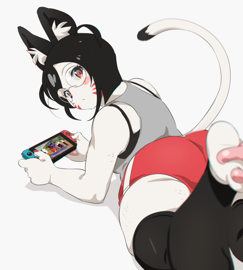 1girl absurdres animal_ears animal_hands ass ass_focus cat_ears from_behind furry furry_female glasses highres indie_virtual_youtuber kisa_niya marking_on_cheek nintendo_switch non-web_source plump round_eyewear self_upload shorts thigh-highs tomatomagica virtual_youtuber