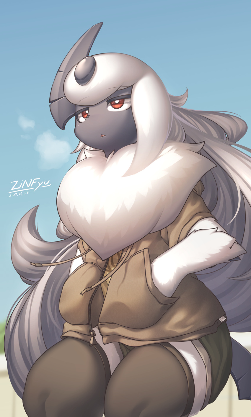 1girl :&lt; absol absurdres animal_nose artist_name bangs black_horns black_skin black_thighhighs blue_sky body_fur breath bright_pupils brown_jacket clouds colored_skin commentary crack dated dated_commentary drawstring fur_collar furry furry_female green_shorts half-closed_eyes hands_in_pockets highres horns jacket long_hair open_clothes open_jacket open_mouth outdoors personification pocket pokemon pokemon_(creature) red_eyes shirt short_shorts short_sleeves shorts sidelocks signature single_horn sitting sky solo tail thick_thighs thigh-highs thighs very_long_hair white_fur white_hair white_pupils yellow_shirt zinfyu zipper zipper_pull_tab
