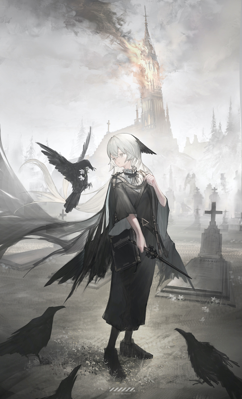 1girl absurdres animal_ears bird black_dress book building burning burning_building church clouds cloudy_sky crow dress fire flower_in_mouth flying fog grave graveyard highres original pine_tree rain sky tombstone tree white_hair wide_sleeves yuzu_oshigoto_boshu-chu