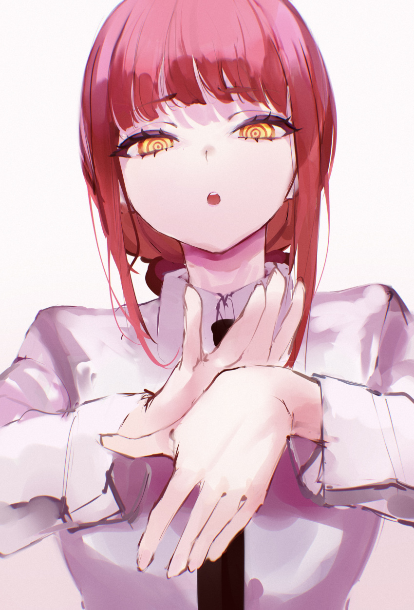 1girl :o absurdres bangs black_necktie blunt_bangs chainsaw_man collared_shirt highres looking_at_viewer makima_(chainsaw_man) mile_(off8mile) necktie own_hands_together redhead ringed_eyes shirt simple_background solo teeth upper_body upper_teeth white_background white_shirt yellow_eyes