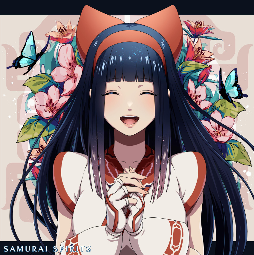 1girl absurdres ainu ainu_clothes bandana bangs bow closed_eyes collarbone hands_up headband highres interlocked_fingers japanese_clothes long_hair looking_at_viewer nakoruru official_art open_mouth own_hands_clasped own_hands_together palms_together red_bow samurai_spirits sleeveless smile snk solo wrist_guards yumi_saji