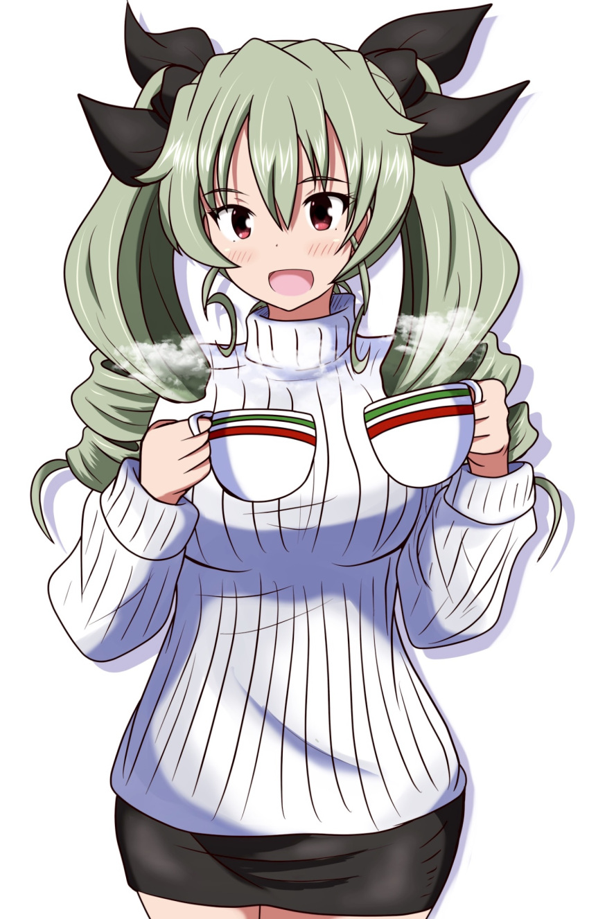 1girl anchovy_(girls_und_panzer) bangs black_ribbon black_skirt casual coffee_cup commentary cowboy_shot cup disposable_cup drill_hair girls_und_panzer green_hair hair_ribbon highres holding holding_cup long_hair long_sleeves looking_at_viewer meiya miniskirt open_mouth red_eyes ribbed_sweater ribbon shadow simple_background skirt smile solo standing steam sweater turtleneck turtleneck_sweater twin_drills twintails white_background white_sweater