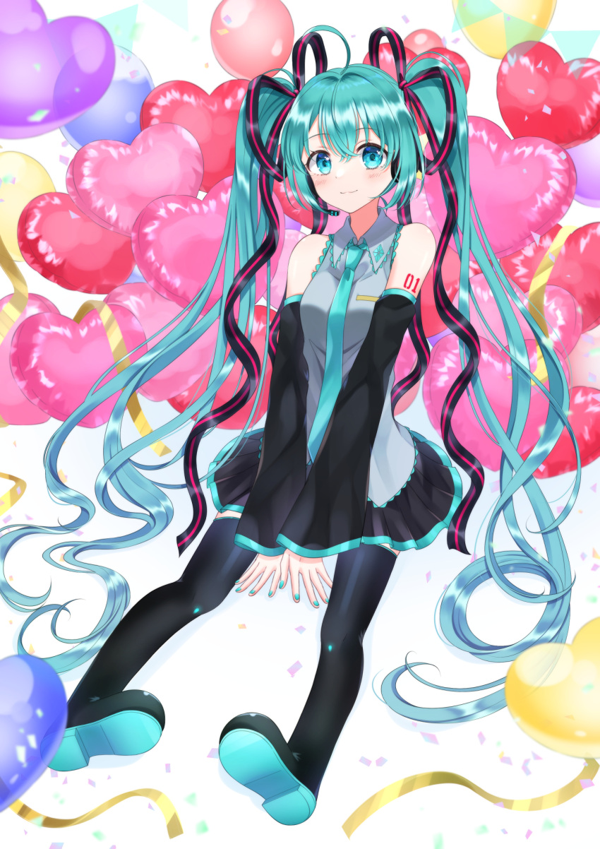 1girl :3 balloon bangs blue_eyes blue_hair blush boots collared_shirt confetti detached_sleeves hair_ribbon hatsune_miku headset heart_balloon highres long_hair long_sleeves nail_polish necktie outstretched_legs pleated_skirt ribbon rooibos shirt sitting skirt sleeveless sleeveless_shirt solo string_of_flags thigh_boots twintails very_long_hair vocaloid