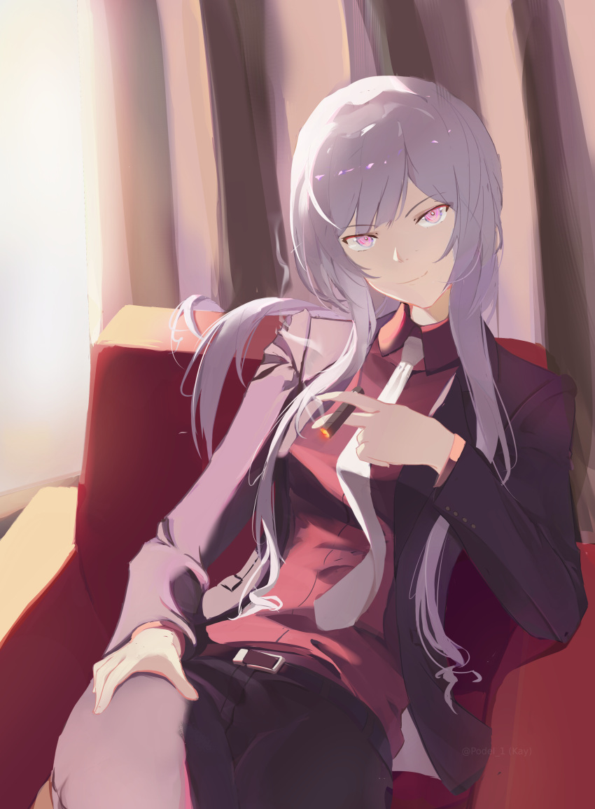 1girl absurdres ak-12_(girls'_frontline) armchair bangs between_fingers black_jacket black_pants chair cigar closed_mouth collared_shirt commentary dress_shirt formal girls_frontline grey_hair hand_up highres holding holding_cigar indoors jacket long_hair looking_at_viewer on_chair open_clothes open_jacket pant_suit pants pink_eyes podel_1 red_shirt shirt smile solo suit very_long_hair