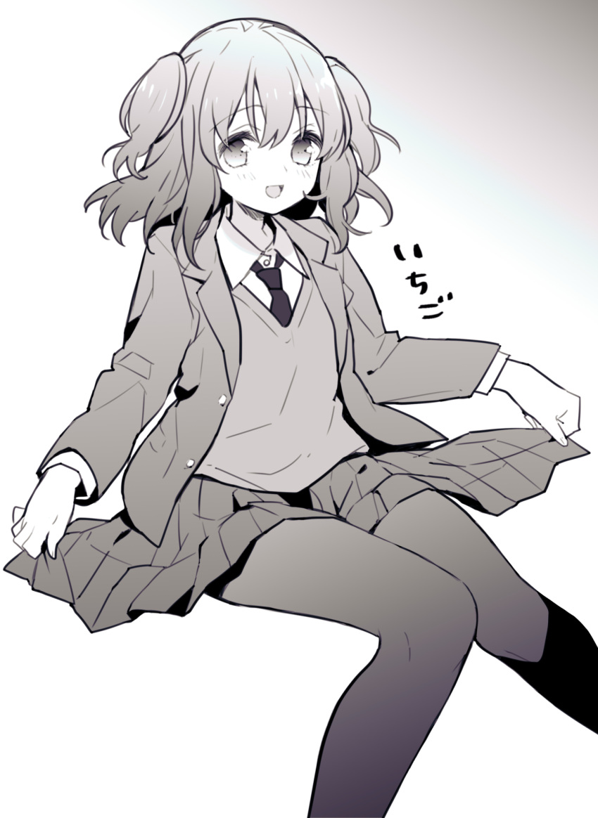 1girl :d bangs blush collared_shirt dress_shirt feet_out_of_frame gradient gradient_background grey_background greyscale hair_between_eyes highres itsumi_(itumiyuo) knees_together_feet_apart long_hair long_sleeves looking_at_viewer monochrome multicolored_hair necktie original pantyhose pleated_skirt school_uniform shirt sitting skirt smile solo sweater_vest two-tone_hair white_background