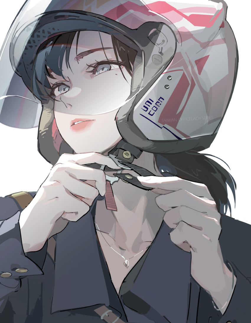 1girl black_hair buttons collar collarbone collared_shirt commentary helmet highres jewelry long_hair mole mole_under_eye necklace office_lady open_mouth original red_lips shirt solo taiwan teeth tennohi