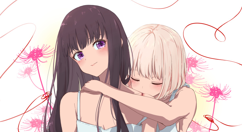 2girls absurdres black_hair blonde_hair blush closed_eyes closed_mouth commentary_request flower highres hug hug_from_behind inoue_takina long_hair looking_at_viewer lycoris_recoil multiple_girls nishikigi_chisato scar short_hair smile spider_lily tomu_(kpnlbrhiyfkj5uk) upper_body violet_eyes yuri