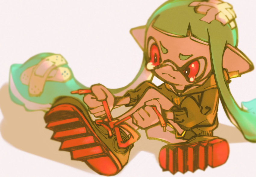 1girl aqua_hair bandaid closed_mouth earrings frown highres hood hood_down inari1369 inkling inkling_girl jewelry long_hair no_nose pointy_ears red_eyes shadow shoelaces shoes shorts sitting solo splatoon_(series) suction_cups tears tentacle_hair tying_footwear v-shaped_eyebrows