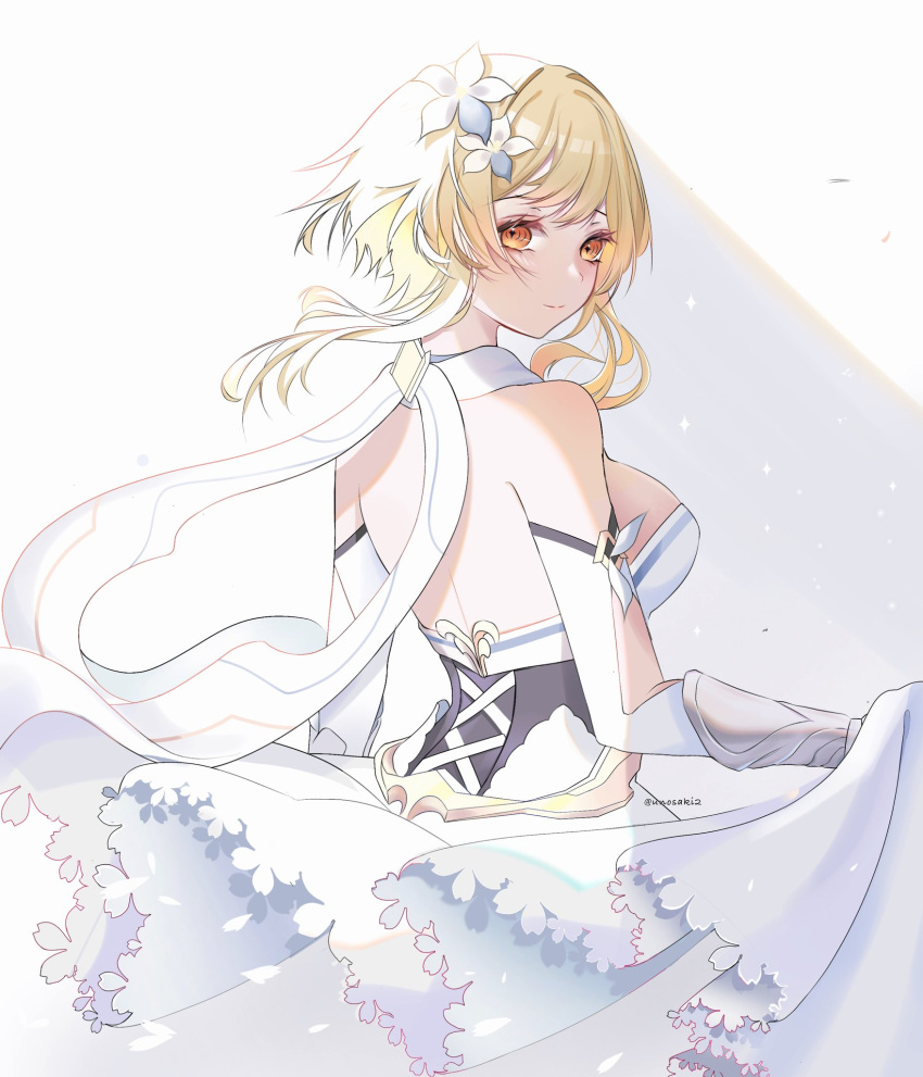 arm_up back bare_shoulders blonde_hair blurry blurry_background breasts bride dress floating_clothes floating_hair genshin_impact highres light looking_back lumine_(genshin_impact) short_hair smile unosaki2 white_background white_dress wind yellow_eyes