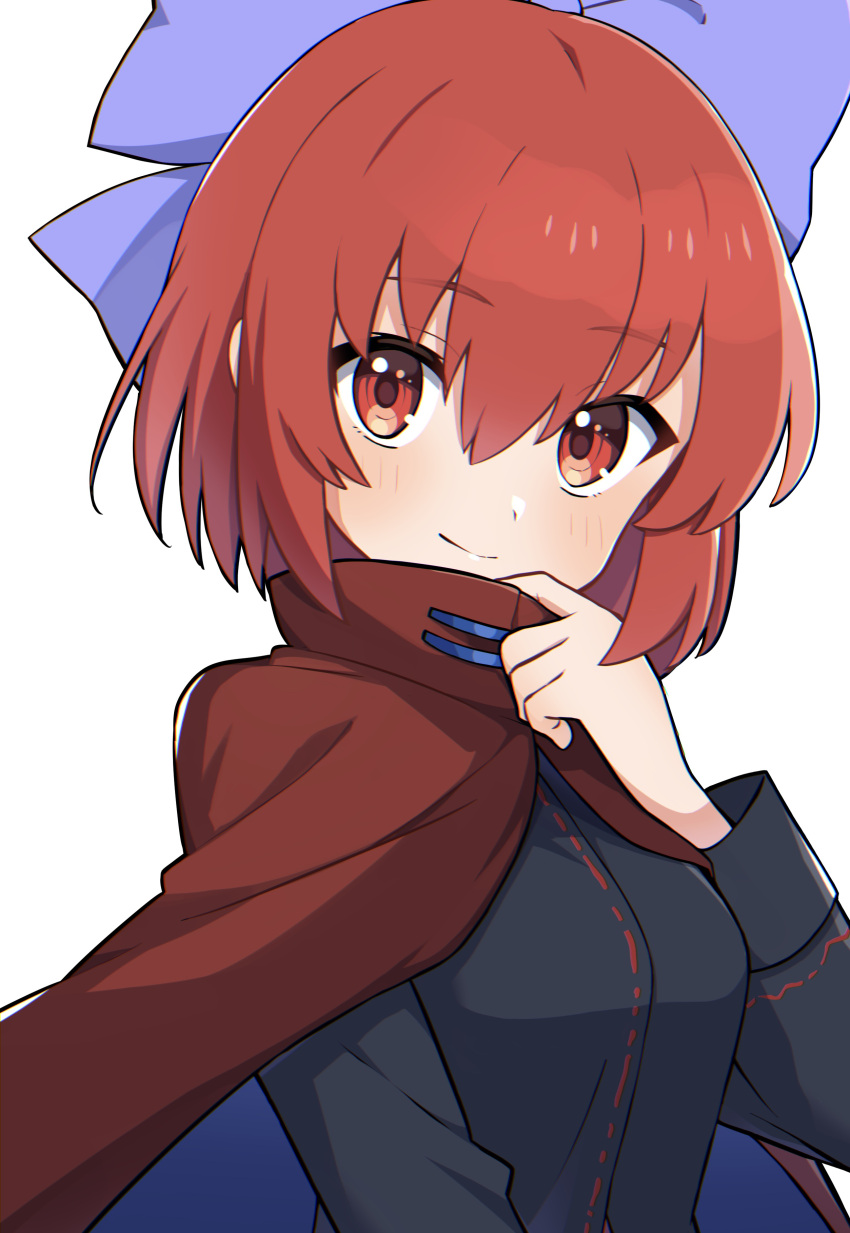 1girl absurdres black_shirt blue_bow blush bow cloak closed_mouth hair_between_eyes hair_bow highres long_sleeves looking_at_viewer miz_(mizillustration) red_cloak red_eyes redhead sekibanki shirt short_hair simple_background smile solo touhou upper_body white_background