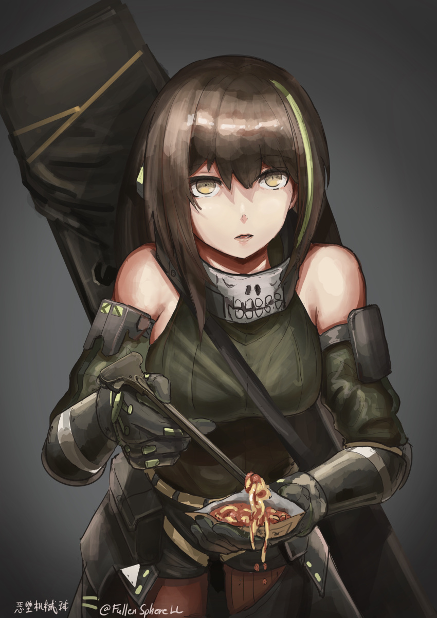 1girl absurdres bandana brown_hair commentary detached_sleeves english_commentary fallenspherell field_ration food girls_frontline gloves green_eyes green_hair gun_case highres holding holding_food incoming_food looking_at_viewer m4a1_(girls'_frontline) mod3_(girls'_frontline) multicolored_hair particle_cannon_case pasta skull_print solo spaghetti streaked_hair utensil