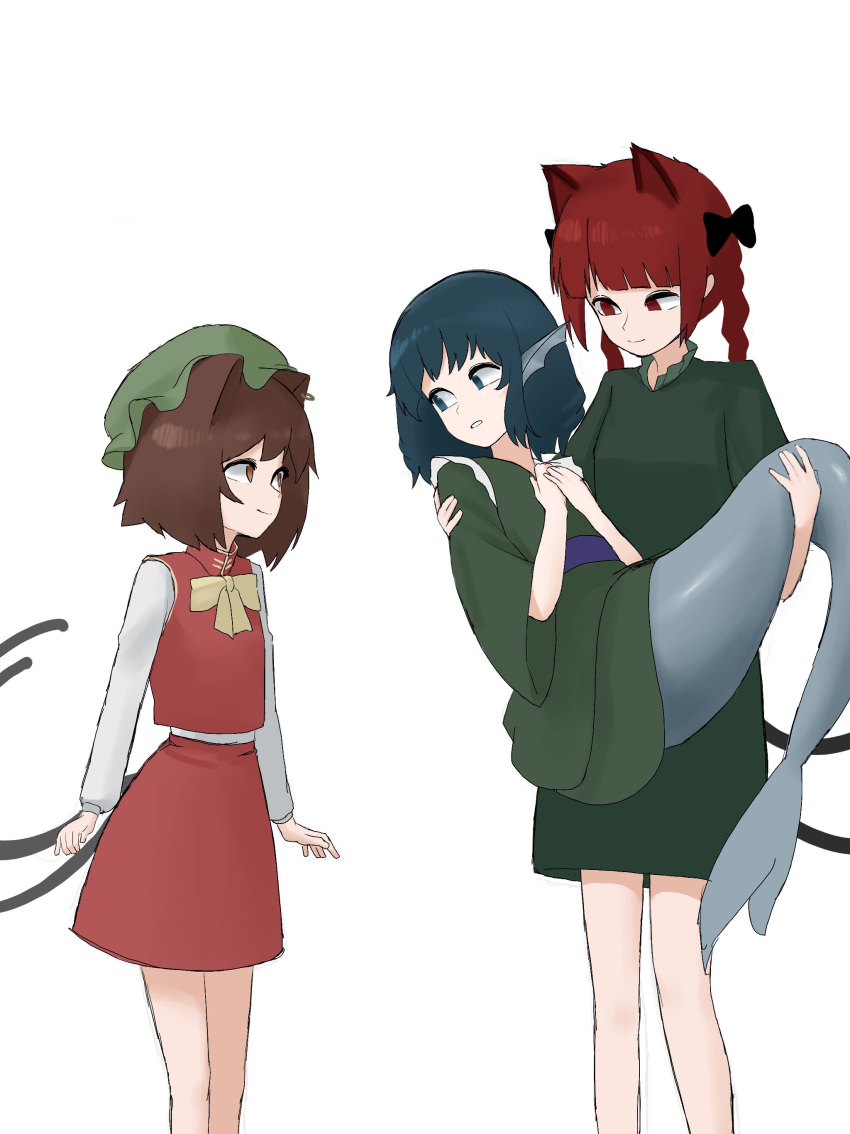 3girls absurdres animal_ears bangs blunt_bangs bow braid brown_eyes brown_hair carrying carrying_person cat_ears cat_tail chen eyebrows_hidden_by_hair highres kaenbyou_rin mori_dobonua_(mordvna) multiple_girls multiple_tails nekomata redhead short_hair smile tail touhou two_tails wakasagihime