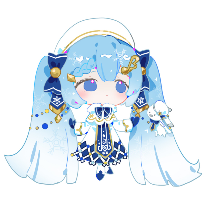 1girl animal beret blue_bow blue_dress blue_hair blue_mittens blue_tabard boots bow braid capelet chibi chinese_commentary christmas_lights commentary dress french_braid full_body fur-trimmed_capelet fur_trim gold_trim gradient_hair hair_ornament hat hatsune_miku indai_(3330425) light_blue_hair looking_to_the_side multicolored_hair musical_note musical_note_hair_ornament outstretched_arms rabbit rabbit_yukine simple_background snowflake_print twintails vocaloid white_background white_capelet white_dress white_hair white_headwear yuki_miku