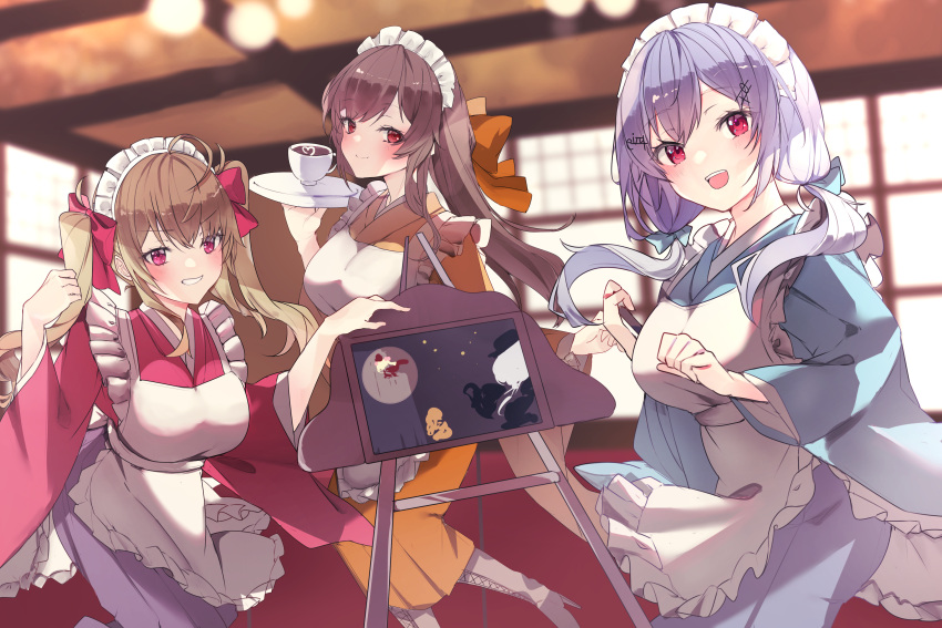 3girls absurdres ahoge apron bangs blonde_hair blue_bow blue_kimono blush boots bow breasts brown_footwear brown_hair closed_mouth coffee frilled_apron frills furen_e_lustario grey_hair grin hair_bow hair_ornament hairclip hakase_fuyuki high_heel_boots high_heels highres holding holding_tray japanese_clothes kimono large_breasts long_sleeves low_twintails maid_apron maid_headdress multiple_girls nijisanji open_mouth orange_bow orange_kimono painting_(object) red_bow red_eyes red_kimono smile standing takamiya_rion tray twintails virtual_youtuber wa_maid white_apron wide_sleeves yayoi_asuka