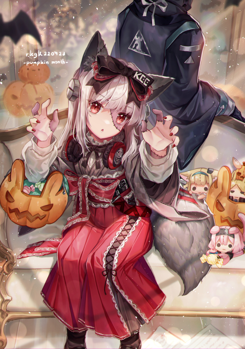 1girl 1other animal_ears arknights black_bow bow claw_pose closed_mouth dated doctor_(arknights) dress feet_up fox_ears fox_girl fox_tail frostleaf_(arknights) goldenglow_(arknights) grey_hair hair_bow halloween_bucket highres kroos_(arknights) kroos_(the_mag)_(arknights) long_hair looking_at_viewer ninjinshiru red_dress red_eyes red_nails screw_in_head sitting solo_focus suzuran_(arknights) tail triangle_mouth zombie_costume