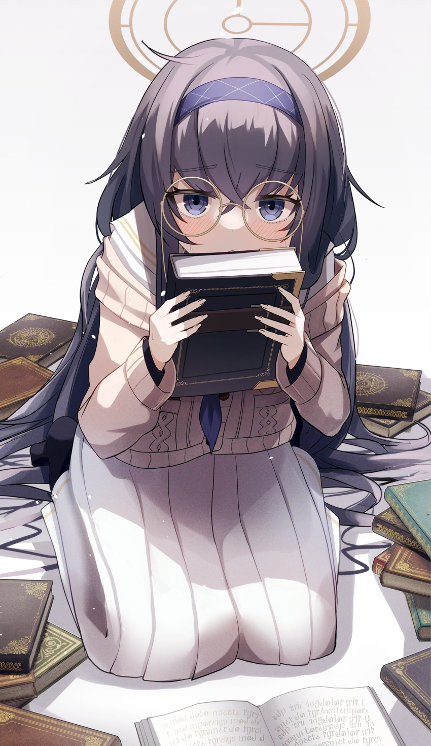 1girl black_hair blue_archive blue_eyes blue_neckerchief blush breasts covered_mouth dress glasses gyzett halo highres holding long_hair long_skirt long_sleeves looking_at_viewer low_twintails neckerchief pleated_skirt school_uniform serafuku shirt simple_background skirt slippers solo sweater twintails ui_(blue_archive) white_serafuku