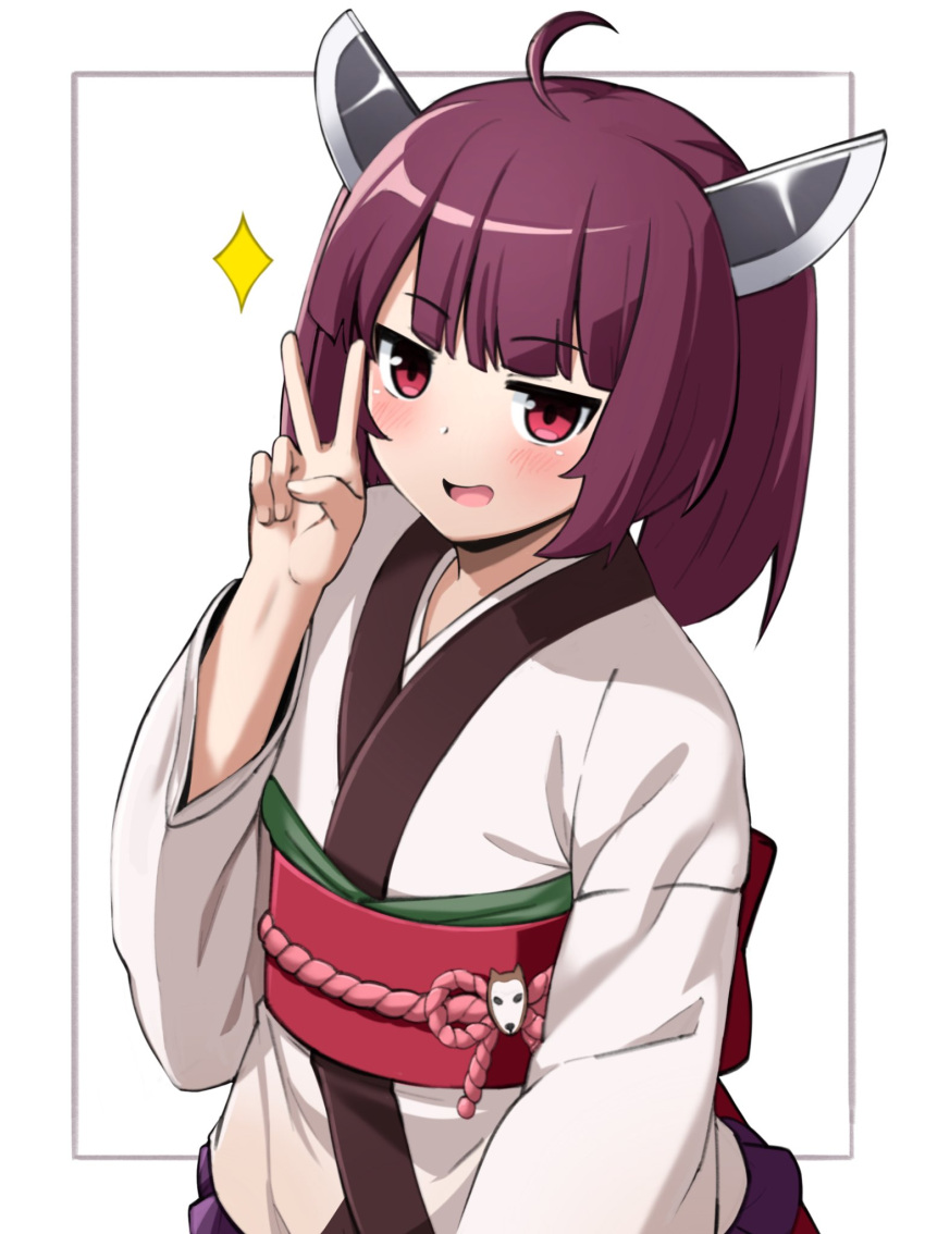1girl ahoge bangs blunt_bangs commentary deku_suke highres japanese_clothes kimono long_hair long_sleeves looking_at_viewer obi purple_hair red_eyes sash simple_background solo sparkle symbol-only_commentary touhoku_kiritan v voiceroid white_background white_kimono wide_sleeves