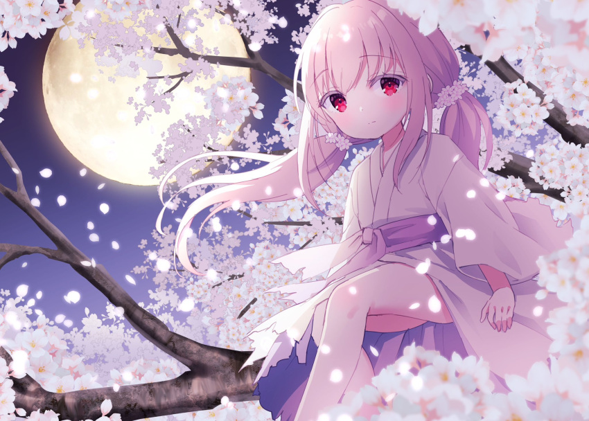 1girl bangs chitosezaka_suzu closed_mouth commentary_request commission duel_monster feet_out_of_frame flower full_moon ghost_reaper_&amp;_winter_cherries hair_flower hair_ornament highres in_tree japanese_clothes kimono long_hair looking_at_viewer low_twintails moon night night_sky obi outdoors petals pink_hair red_eyes sash sitting skeb_commission sky solo torn_clothes torn_kimono tree twintails very_long_hair white_flower white_kimono yu-gi-oh!