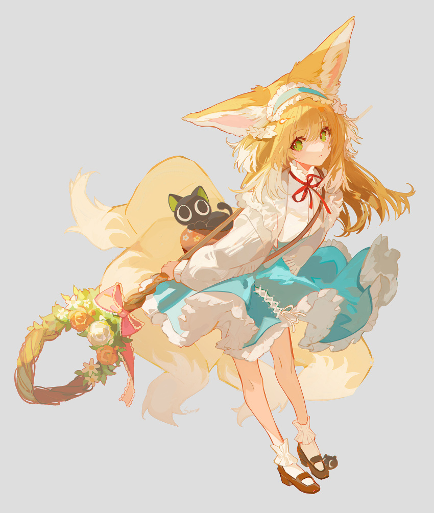 1girl animal_ears arknights black_cat blonde_hair blue_hairband blue_skirt brown_footwear cardigan cat fox_ears fox_girl fox_tail frilled_hairband frills full_body green_eyes grey_background hair_down hairband highres holding holding_staff kitsune leaning_forward long_hair long_sleeves looking_at_viewer luoxiaohei multicolored_hair multiple_tails neck_ribbon official_alternate_costume open_cardigan open_clothes red_ribbon ribbon satsuya shirt simple_background skirt socks solo staff standing streaked_hair suzuran_(arknights) suzuran_(spring_praise)_(arknights) tail the_legend_of_luo_xiaohei weapon_behind_back white_cardigan white_hair white_shirt white_socks