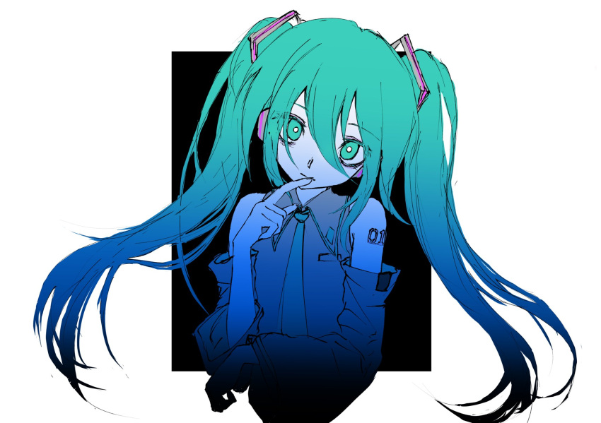 1girl aizettonagi bangs bright_pupils closed_mouth collared_shirt commentary_request detached_sleeves finger_to_mouth green_eyes green_hair green_necktie grey_shirt grey_sleeves hair_between_eyes hatsune_miku head_tilt highres long_hair necktie shirt sleeveless sleeveless_shirt solo twintails upper_body vocaloid white_pupils