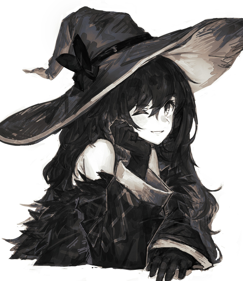 1girl bangs bare_shoulders black_hair bow cropped_torso gloves hair_between_eyes hand_on_own_cheek hand_on_own_face hat head_rest highres long_hair long_sleeves looking_at_viewer monochrome one_eye_closed original parted_lips simple_background smile solo upper_body white_background witch_hat yanyan_(shinken_gomi)