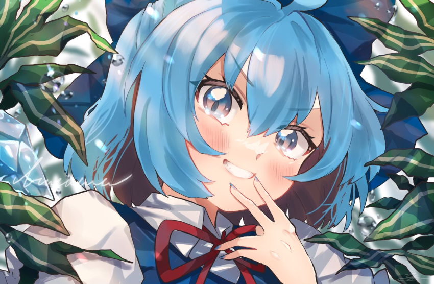 1girl bangs blue_bow blue_eyes blue_hair blue_vest bow cirno collared_shirt commentary_request fingers_to_mouth grin hair_between_eyes looking_at_viewer medium_hair neck_ribbon plant portrait red_ribbon ribbon shirt signature smile solo touhou uchisaki_himari vest water_drop white_shirt