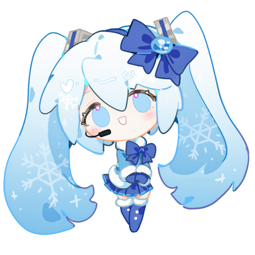 1girl absurdly_long_hair blue_eyes blue_hair chinese_commentary grin hatsune_miku indai_(3330425) long_hair no_pupils own_hands_together simple_background smile snowflake_in_hair snowflakes solo twintails very_long_hair vocaloid white_background yuki_miku yuki_miku_(2012)