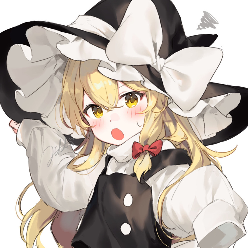1girl :o age_regression aged_down black_headwear blonde_hair blush bow hat hat_bow highres jill_07km kirisame_marisa long_hair long_sleeves looking_at_viewer open_mouth simple_background solo touhou vest white_background white_bow witch_hat yellow_eyes