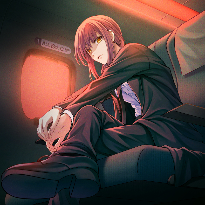 1girl airplane_interior black_necktie black_pants braid braided_ponytail business_suit chainsaw_man closed_mouth collared_shirt crossed_legs formal highres indoors long_coat looking_at_viewer makima_(chainsaw_man) moruo_(mo_mr3) necktie office_lady pants redhead ringed_eyes seat shirt sitting solo suit window yellow_eyes