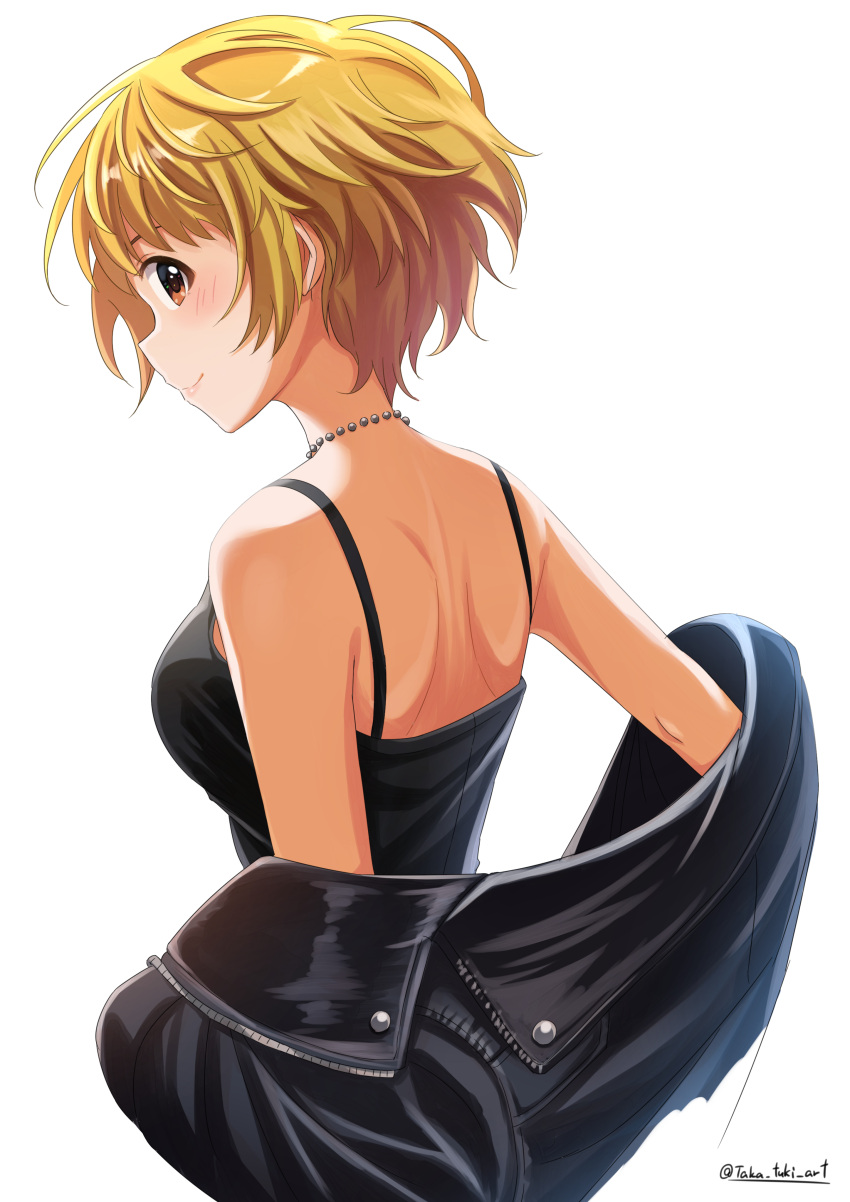 1girl absurdres black_jacket black_shirt blonde_hair blush breasts brown_eyes closed_mouth clothes_down from_behind fukuda_noriko highres idolmaster idolmaster_million_live! jacket jewelry leather leather_jacket looking_at_viewer looking_to_the_side necklace profile shiny shiny_hair shirt short_hair shoulder_blades simple_background sleeveless sleeveless_shirt small_breasts smile solo straight_hair takatsuki_p twitter_username undressing upper_body white_background