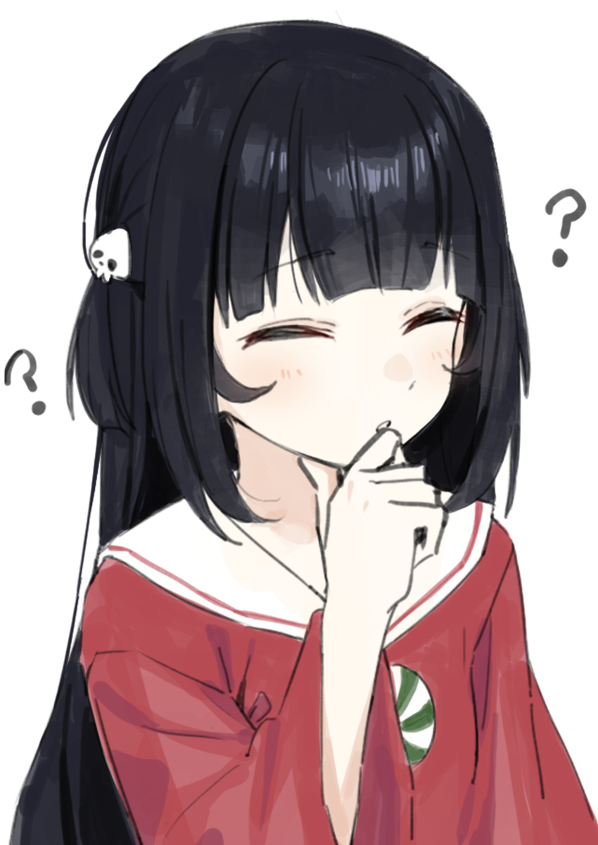1girl ? absurdres bangs black_hair closed_eyes copyright_request facing_viewer hair_ornament hand_up highres long_hair one_side_up parted_lips red_shirt sailor_collar shirt skull_hair_ornament solo syhan very_long_hair virtual_youtuber white_sailor_collar