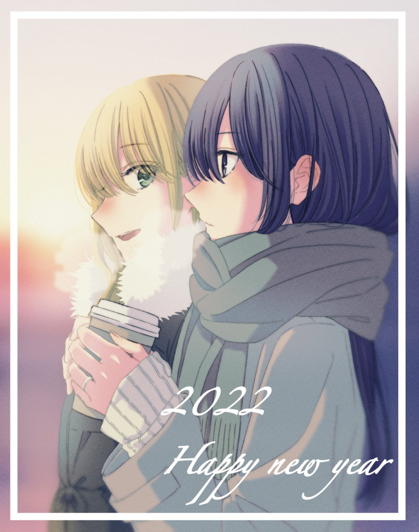 2022 2girls aihara_mei aihara_yuzu black_hair blonde_hair breath citrus_(saburouta) coffee_cup cup disposable_cup english_text fur-trimmed_jacket fur_trim glidesloe green_eyes happy_new_year highres holding holding_cup jacket jewelry multiple_girls ring scarf step-siblings violet_eyes wedding_ring winter