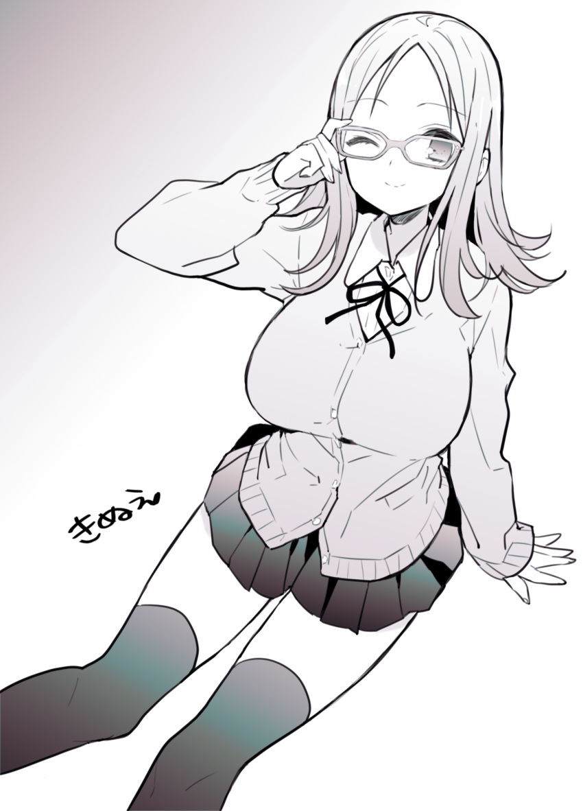 1girl ;) adjusting_eyewear arm_support bangs breasts cardigan closed_mouth collared_shirt commentary_request dress_shirt feet_out_of_frame forehead glasses gradient gradient_background grey_background greyscale hand_up highres itsumi_(itumiyuo) long_hair long_sleeves looking_at_viewer medium_breasts monochrome neck_ribbon one_eye_closed original parted_bangs pleated_skirt ribbon school_uniform shirt skirt sleeves_past_wrists smile solo thigh-highs white_background