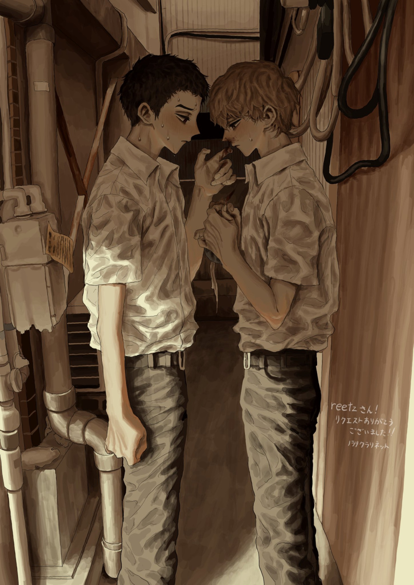 2boys a3dyqtlpqjcuqvs belt black_belt black_eyes black_hair black_pants blood blood_on_hands brown_hair closed_mouth collared_shirt commission feet_out_of_frame hand_up hands_up highres holding indoors industrial_pipe looking_at_another male_focus multiple_boys nosebleed original pants shirt short_hair skeb_commission standing sweat tissue very_short_hair white_shirt