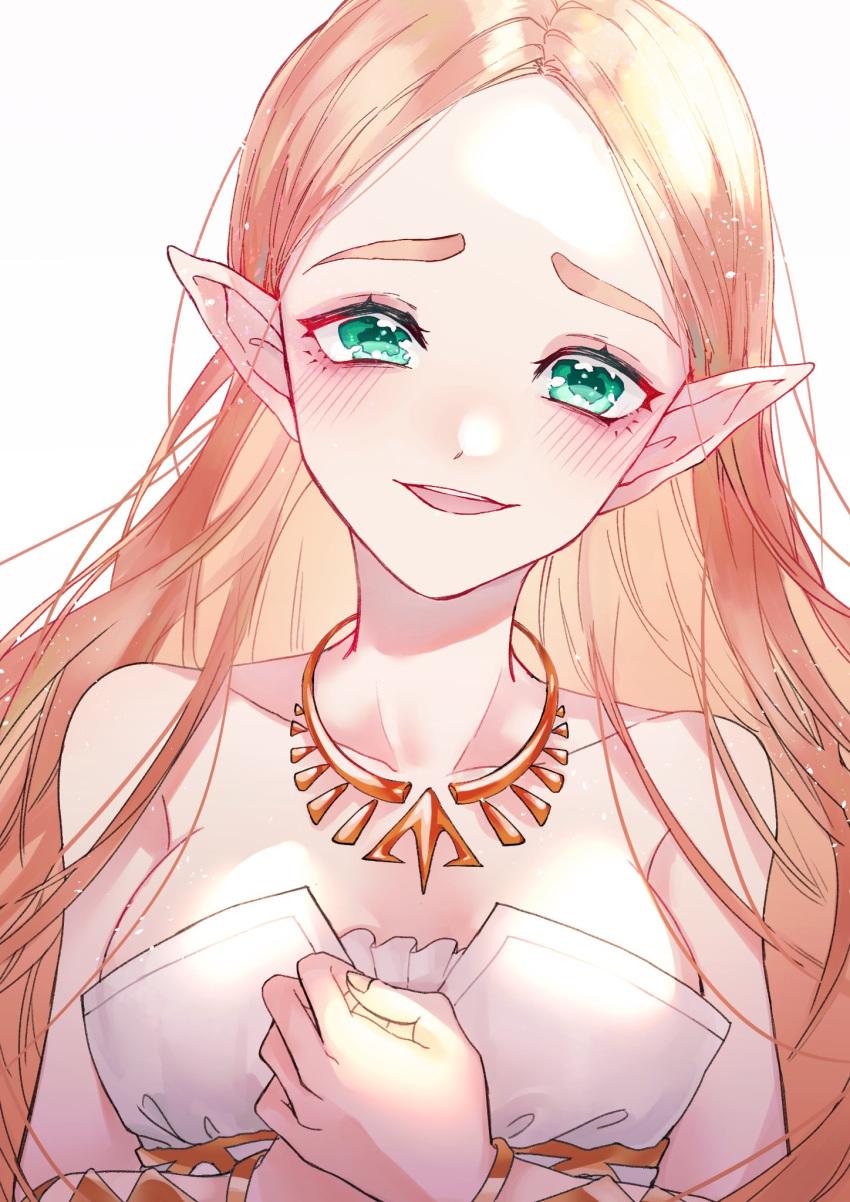 1girl bangs blonde_hair blush bracelet breasts commentary_request dress gold_necklace green_eyes highres jewelry long_hair looking_at_viewer medium_breasts necklace open_mouth own_hands_together parted_bangs pointy_ears princess_zelda shiroraba simple_background smile solo strapless strapless_dress the_legend_of_zelda upper_body white_background