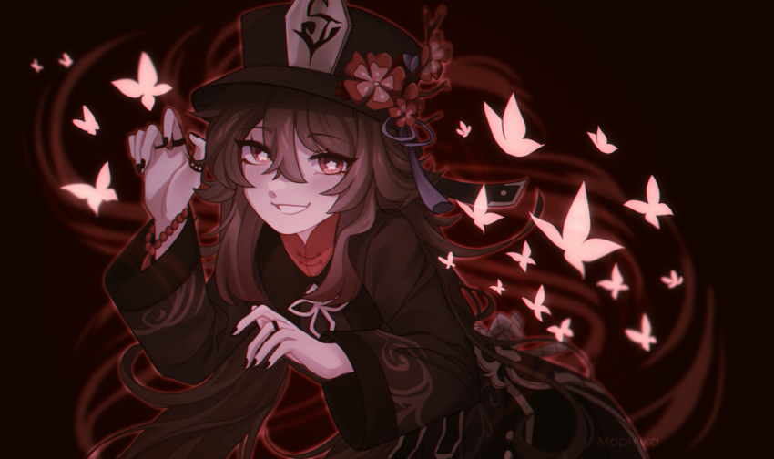 1girl :d bangs black_headwear black_nails brown_background brown_eyes brown_hair brown_jacket bug butterfly chinese_clothes flower genshin_impact grin hu_tao_(genshin_impact) jacket jewelry kurisumori_(whitenghost) long_hair long_sleeves looking_at_viewer multiple_rings nail_polish red_flower ring smile solo teeth twintails white_butterfly