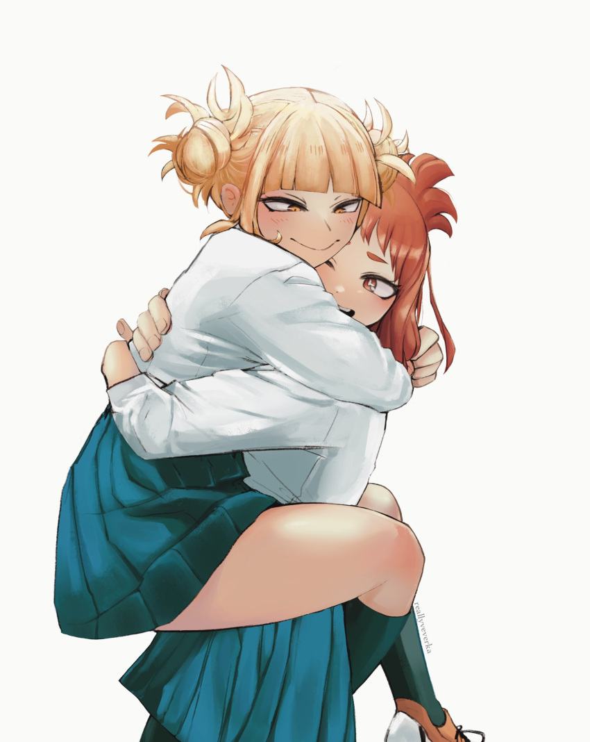 2girls artist_name bangs black_socks blonde_hair blunt_bangs boku_no_hero_academia breasts brown_eyes brown_hair carrying closed_mouth commentary double_bun english_commentary green_skirt hair_bun highres hug kneehighs long_sleeves looking_at_another messy_hair multiple_girls one_eye_closed open_mouth pleated_skirt reallyveverka shirt shoes short_hair simple_background skirt smile socks standing toga_himiko uraraka_ochako white_background white_shirt yellow_eyes