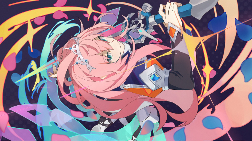 1girl aura bangs bodysuit closed_mouth cropped_jacket dreamamkw eclair_(world_flipper) green_eyes highres holding holding_sword holding_weapon long_hair looking_at_viewer looking_up outstretched_arms petals pink_hair puffy_short_sleeves puffy_sleeves short_sleeves smile solo sword tiara weapon world_flipper