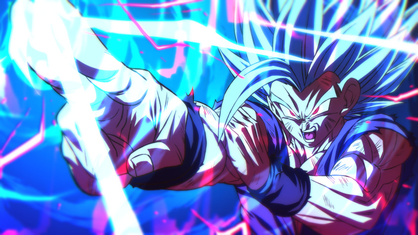 1boy aiming dougi dragon_ball dragon_ball_super dragon_ball_super_super_hero gohan_beast grey_hair male_focus muscular muscular_male open_mouth perspective red_eyes rom_(20) serious solo son_gohan upper_body wristband