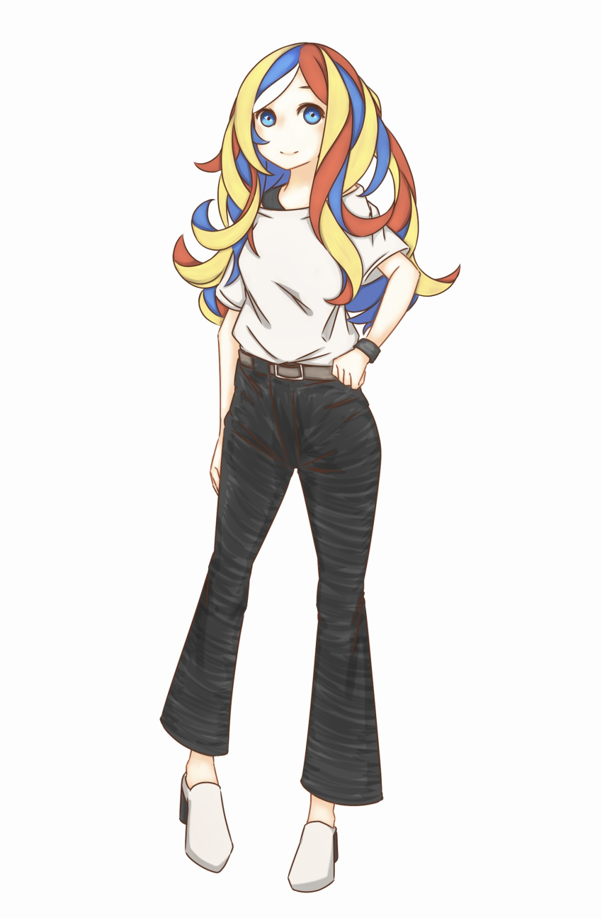 1girl absurdres alternate_costume alternate_hairstyle bangs belt black_pants blonde_hair blue_eyes blue_hair commandant_teste_(kancolle) commentary_request full_body hand_on_hip highres kantai_collection long_hair looking_at_viewer multicolored_hair one-hour_drawing_challenge pants redhead shirt simple_background smile solo streaked_hair swept_bangs watanukimurama wavy_hair white_background white_footwear white_hair white_shirt