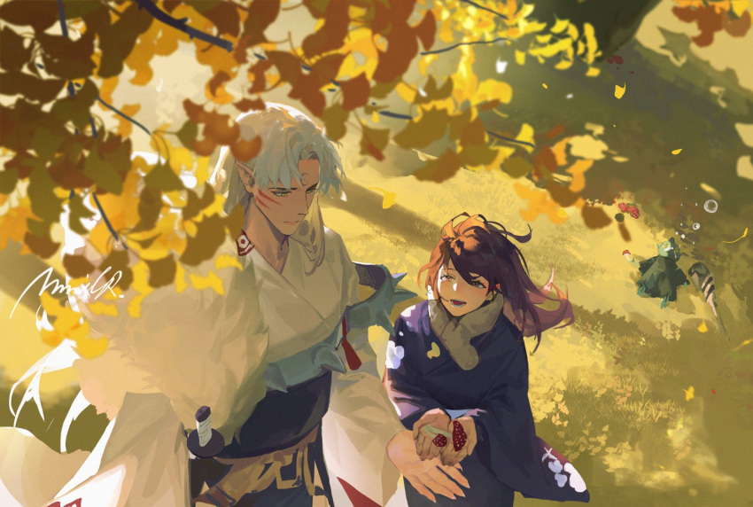 1girl 2boys armor autumn_leaves bangs blue_kimono brown_eyes brown_hair claws facial_mark forehead_mark fur_trim grey_hair hair_between_eyes highres holding holding_mushroom inuyasha jaken japanese_clothes katana kimono long_hair looking_at_another mmmilk multiple_boys mushroom obi open_mouth outdoors own_hands_together parted_bangs pointy_ears rin_(inuyasha) sash scarf sesshoumaru shoulder_armor shoulder_spikes sleeping smile spikes sword tree weapon white_kimono yellow_eyes